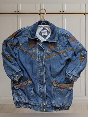 Vintage Current Seen Oversized Blue Denim Jacket with Geometric Patch Details